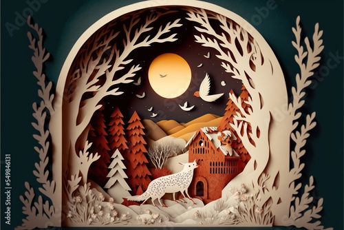 Papier découpé diorama paysage naturelle foret un renard devant une maison une nuit de pleine lune avec des oiseaux dans le ciel