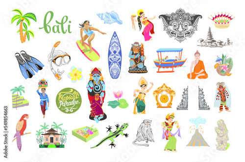 set of Bali Indonesia traditional symbols element, balinese flat design style vector illustration collection.