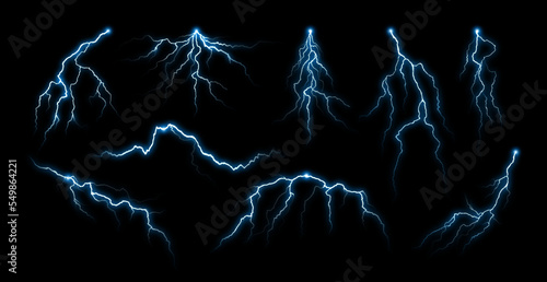 Lightning effect. Night thunderstorm rays, electric power charge and thunder strike isolated vector set