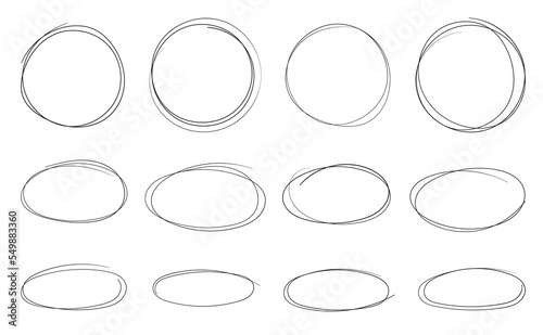 Hand drawn circle, ellipse and lower degree ellipse. Set of doodle of ovals and bubbles. 