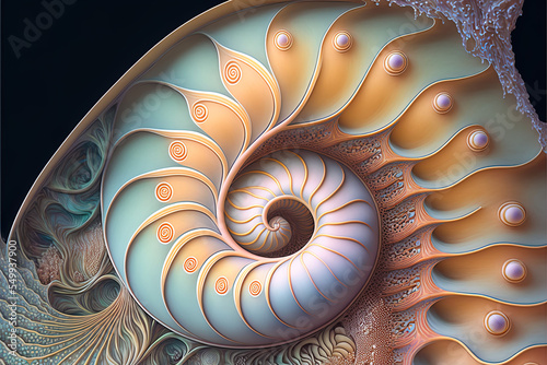 fiction nautilus shell, nautilus background, pastel beautiful colored nautilus, spirale, fractal, background, illustration, generative AI