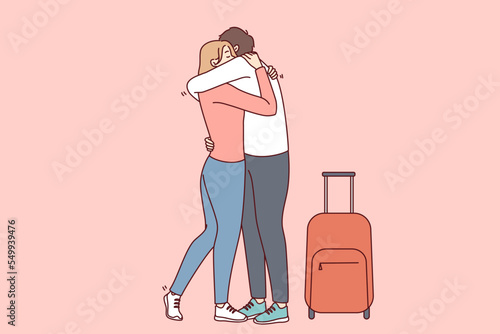 Woman hugging man with suitcase meet lover in airport. Happy couple embrace reunite after separation. Long distance relationship. Vector illustration. 