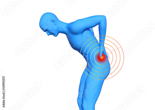 腰痛で腰をかがめる男性のシルエット 上半身横向きの痛みをこらえるイラスト