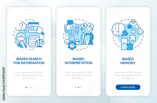Types of cognitive bias blue onboarding mobile app screen. Walkthrough 3 steps editable graphic instructions with linear concepts. UI, UX, GUI template. Myriad Pro-Bold, Regular fonts used