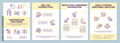 Confirmation bias signs brochure template. Decision making. Leaflet design with linear icons. Editable 4 vector layouts for presentation, annual reports. Arial-Black, Myriad Pro-Regular fonts used