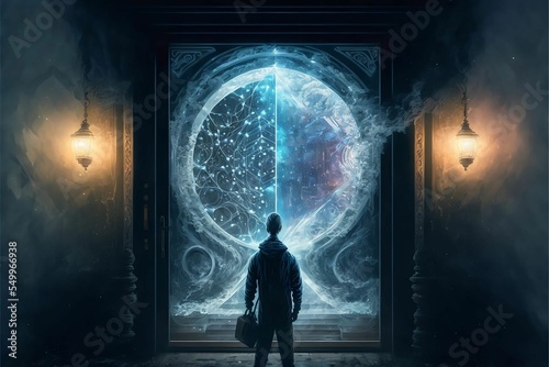 Abstract drawing of a silhouetted man standing in front of a quantum portal connecting all past and future lives