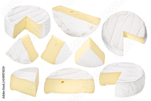 Camembert or brie soft-ripened cheese with white mold, pieces, wheels, halves isolated png