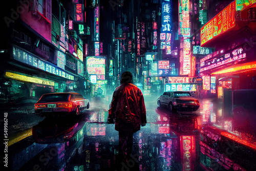 Concept art illustration of cyberpunk city at rainy night