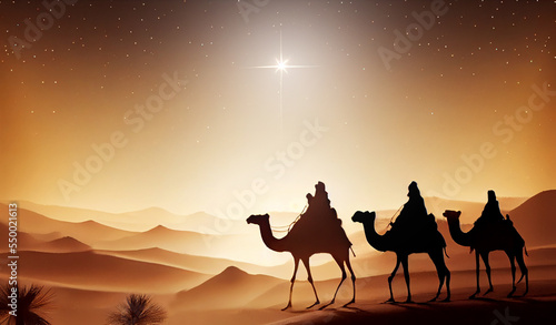 Biblical illustration series, nativity scene of The Holy Family and three wise men. Christmas theme.nativity, Jesus three wise men riding camel.