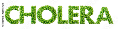 Cholera word made from green bacteria cell molecule font. Health and wellbeing. 3D Rendering