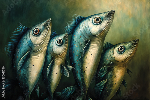 Digital surreal painting of cute comic fishes, mackerels with big eyes