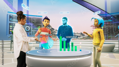 Online Business Meeting in Virtual Reality Office. Real Female Manager Standing Next to Two Avatars of Colleagues, and a Hologram of Another Specialist. Futuristic 3D Universe Concept.