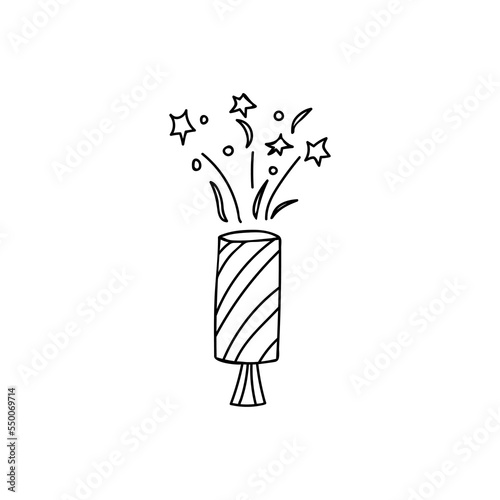 Party cracker doodle illustration. Party popper doodle illustration isolated on white background. Party firecracker hand drawn illustration on white.