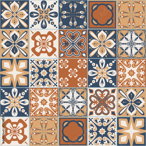 Brown walnut ceramic tiles for design, square vintage spanish patchwork style, vector illustration