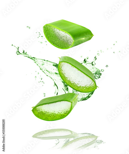 Aloe vera plant isolated on white or transparent background. Slices of Aloe Vera plant and splash of juice or gel