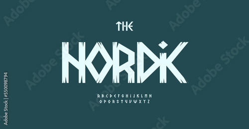 Nordic font alphabet letters. Modern logo typography. Runic Scandinavian typographic design. Wooden letter set for nature park logo, headline, title, monogram, lettering. Isolated vector typeset