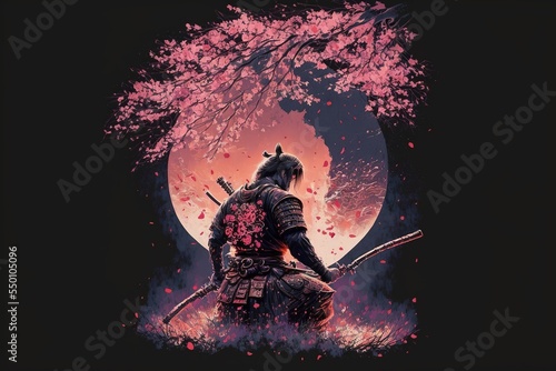 A samurai warrior kneeling down in front of a pink moon and a blossom tree, Black background