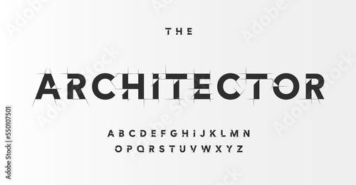 Architectural project font, technical draw style alphabet. Geometrical typography. Wireframe letters, typographic design with draft strokes for architecture logo and headline. Isolated vector typeset
