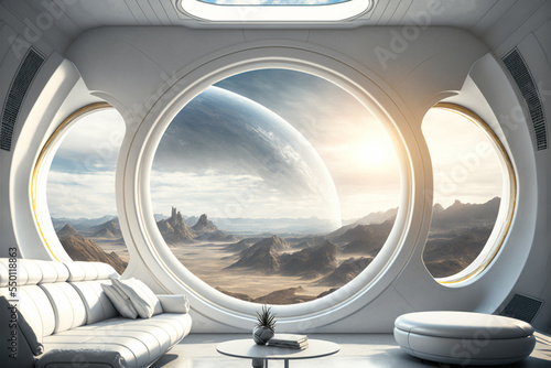 Concept art illustration of sci-fi futuristic interior of space station