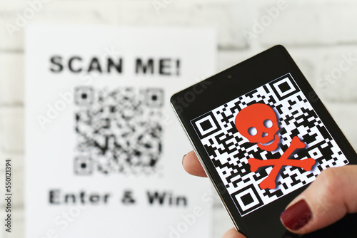 QR code scam concept - scanning a fraudulent QR code can lead to phishing websites or malware apps. 