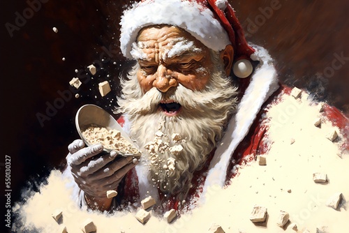 Santa snorts a ton of cocaine to get a head start on the upcoming Christmas.Illegal doping.Poor mental condition. Addiction to powdered sugar. Being overweight.Generative AI illustration