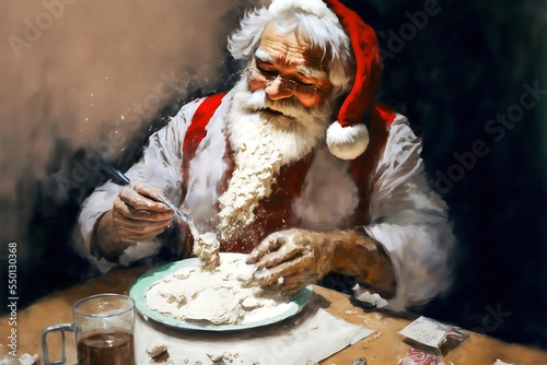 Santa Claus portions cocaine conjured from his snow-white beard. Santa Claus Change of industry and profession.Santa Claus as a drug baron.Breaking bad. Generative AI illustration