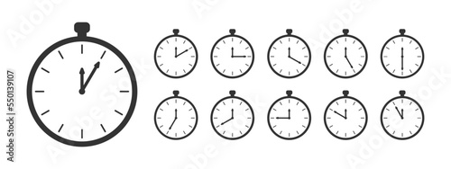 Chronometer icons. Countdown timer or stopwatch symbols set. Clocks with different minute time intervals. Infographic for cooking instruction or sport game. Vector graphic illustration