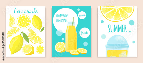 Organic refreshing homemade lemonade summer soft drink card set, natural beverage smoothies poster banner flat vector illustration.