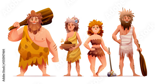 Primitive people characters. Prehistoric stone age caveman set cartoon illustration
