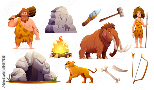 Set of prehistoric stone age people, tools and ancient wild animals cartoon illustration