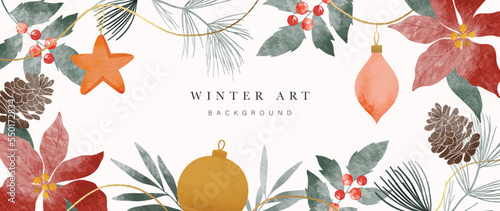 Watercolor winter art background vector illustration. Hand painted christmas flower, winter leaves, berry, star bauble, ball, pine cone. Design for print, decoration, poster, wallpaper, banner.
