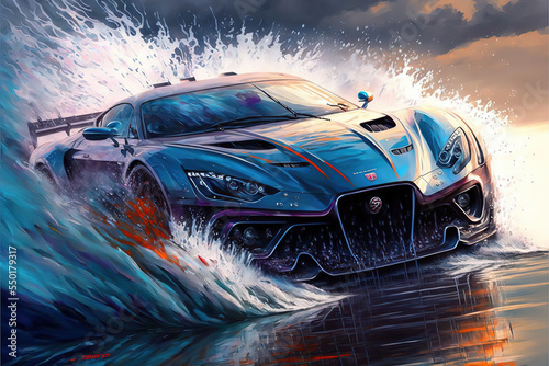 exotic sports car speeding through a storm, splashing, water, rain, sports, motosports, dynamic,Beautiful illustration, generative ai 