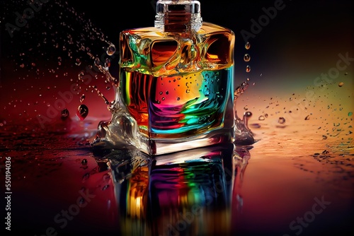  a colorful bottle of liquid with a splash of water on it's surface and a reflection of the bottle. Generative AI