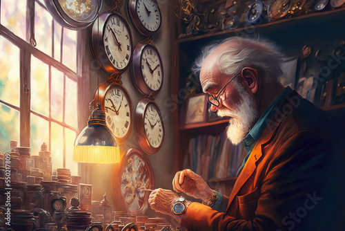 AI generated image of an old watchmaker at work in his shop 