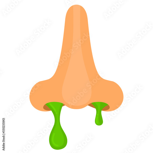 Vector illustration of a nose with flowing green snot on a white background. Flu health disorder concept, sneezing and virus attack.