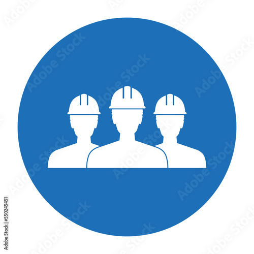 Ein kreisrundes Icon von drei Bauarbeitern mit Helmen