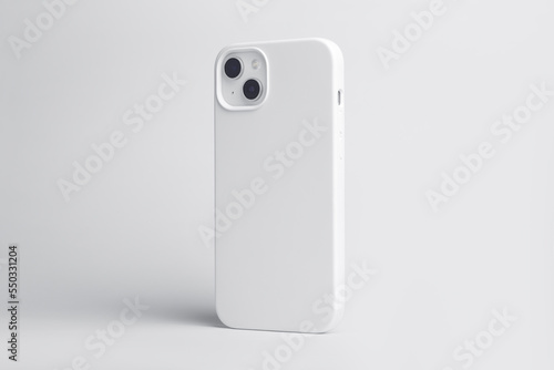 high quality starlight color iPhone 14 plus case mock up side view, smart phone in white soft silicone case isolated on gray background, rotated position. Smartphone perspective view