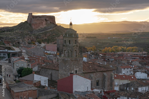 Church of Santa Eulalia and Castle of Arnedo at sunrise. The Rioja