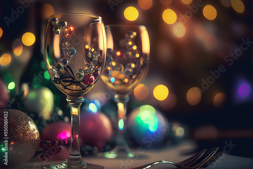 Weihngläser auf einem Tisch in weihnachtlicher Stimmung, Weihnachten Neujahrs-Toast, Illustration