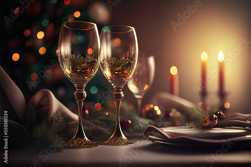 Romantisches Abendessen in weihnachtlicher Stimmung, Weihnachten Neujahrs-Toast, Illustration