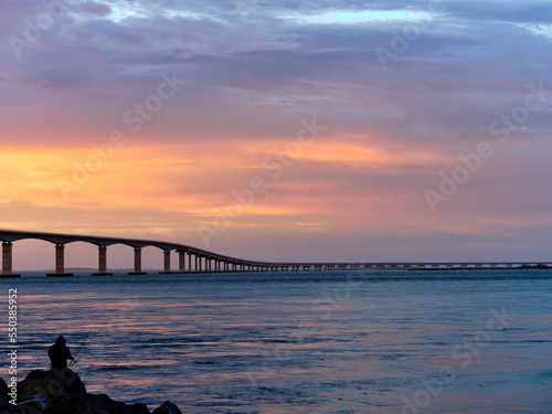 The New Herbert C Bonner bridge spanning the Oregon Inlet on the Outer Banks of North Carolina at Sunset