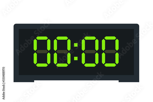 Vector flat illustration of a digital clock displaying 00.00 . Illustration of alarm with led digital number design. Clock icon for hour, watch, alarm signs.