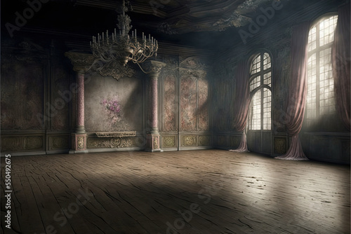 an empty abandoned rococo baroque ballroom