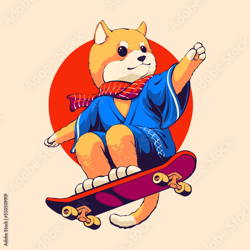 akita dog riding skateboard illustration