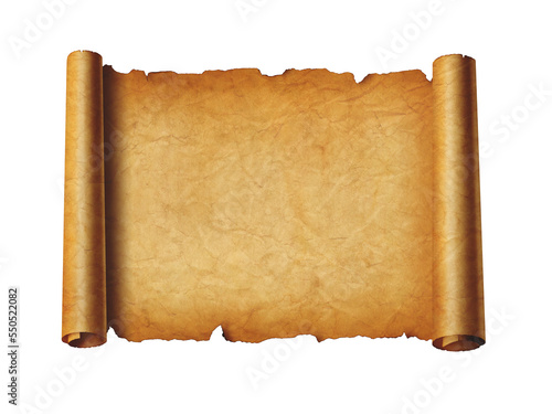 Old mediaeval paper sheet. Horizontal parchment scroll isolated on white