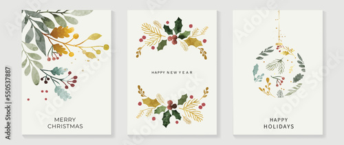 Luxury christmas and happy new year holiday cover template vector set. Watercolor winter leaf branch and bauble ball on white background. Design for card, corporate, greeting, wallpaper, poster.