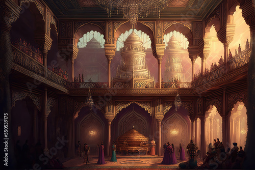 AI generated image depicting the throne room and court of an ancient Indian king, with ministers and courtiers in attendance. Durbar hall. 