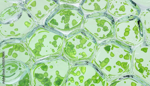 close up macro Nano chlorophyll or chloroplast biotech concept 3d illustration render green background. chlorophyll, chloroplast 