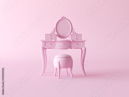Creative concept for makeup artist, beauty studio. Woman makeup shelve with mirror monochrome in pastel pink single color. Light background with space for copy. 3d rendering for web page, presentation