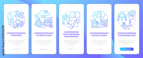 Common confirmation biases blue gradient onboarding mobile app screen. Walkthrough 5 steps graphic instructions with linear concepts. UI, UX, GUI template. Myriad Pro-Bold, Regular fonts used